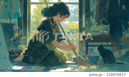 家庭のぬくもりを感じる昼食前の掃除風景、箒を持つ女性を描いた水彩タッチのイラスト、懐かしさと優しさ 128976657