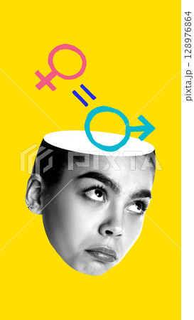 Bold digital poster. Young woman face with gender equality signs emerging from open head on yellow background 128976864