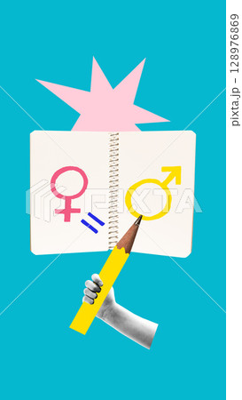 Colorful poster. Notebook with gender symbols and equality sign held by hand on blue background 128976869