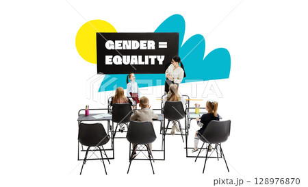 Contemporary collage of teacher and students in classroom, learning about gender equality 128976870