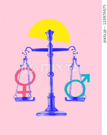 Digital artwork of bright blue scales balancing male and female gender symbols on soft pink background Digital artwork of bright blue scales balancing male and female gender symbols on soft pink background 128976875