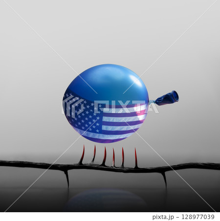 Balloon with the American flag floats near sharp spikes, representing looming financial risks in the United States, economic downturn and investment uncertainty Balloon with the American flag floats near sharp spikes, representing looming financial risks in the United States, economic downturn and investment uncertainty 128977039