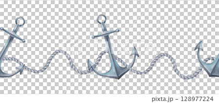 Horizontal border with sea anchor and rope. Watercolor illustration. Hand drawn isolated art. Marine style design of ship and sailboat equipment. Banner for printing, packaging and vintage projects 128977224