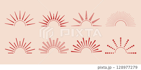 Minimalist abstract vintage half sunset, sunrise beams, sun raises, burst symbols. Retro red logo, tattoo design templates. Minimalist abstract vintage half sunset, sunrise beams, sun raises, burst symbols. Retro red logo, tattoo design templates. 128977279