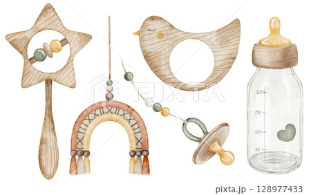 Watercolor illustration of wooden Baby accessories including rattle, pacifier, bottle, rainbow, and teether. Drawing for baby shower greeting cards or newborn party invitations. Art for nursery. 128977433