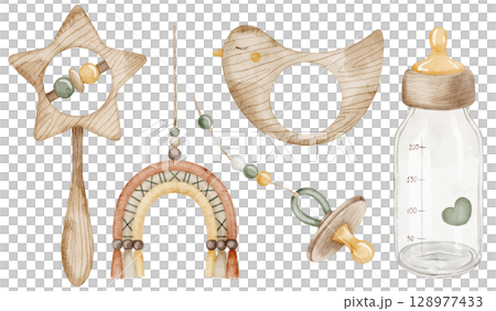 Watercolor illustration of wooden Baby accessories including rattle, pacifier, bottle, rainbow, and teether. Drawing for baby shower greeting cards or newborn party invitations. Art for nursery. 128977433