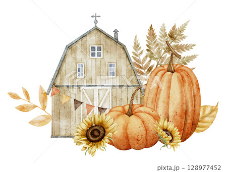 Watercolor illustration of a rustic barn with pumpkins, sunflowers, banners, and autumn foliage. Drawing of fall house with leaves and flowers for seasonal or thanksgiving themed invitations. 128977452