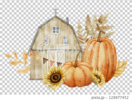 Watercolor illustration of a rustic barn with pumpkins, sunflowers, banners, and autumn foliage. Drawing of fall house with leaves and flowers for seasonal or thanksgiving themed invitations. 128977452
