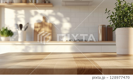 Wooden brown table display on kitchen with sun bright blurred background 128977470