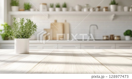 Wooden brown table display on kitchen with sun bright blurred background 128977473
