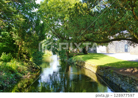 A tranquil river flows through a lush, green landscape in Ireland, with trees and a stone wall adding to the scenic beauty. A tranquil river flows through a lush, green landscape in Ireland, with trees and a stone wall adding to the scenic beauty. 128977597