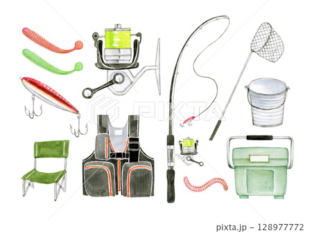 海釣り 魚釣り 道具 セット 水彩 イラスト 海釣り 魚釣り 道具 セット 水彩 イラスト 128977772