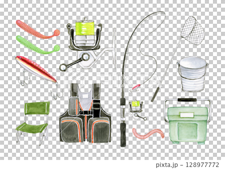 Sea fishing fishing equipment set watercolor illustration 128977772