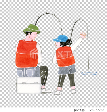 海釣 釣魚 人物 父母與孩子 水彩插圖 128977783