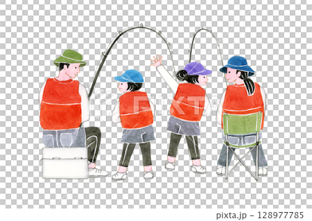 海釣り 魚釣り　人物 家族　水彩 イラスト 128977785