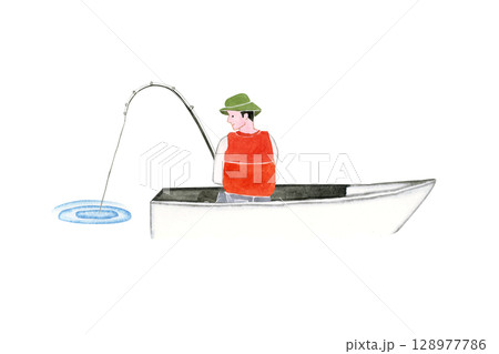 海釣り 魚釣り　釣り船 ボート 人物　水彩 イラスト 128977786