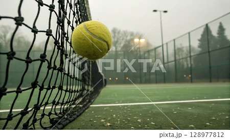 Tennis Ball in Mid Air Approaching Black Net on Foggy Morning Court with Faint Fence and Lights in Serene Atmosphere Tennis Ball in Mid Air Approaching Black Net on Foggy Morning Court with Faint Fence and Lights in Serene Atmosphere 128977812