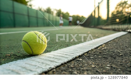 tennis ball resting on the baseline of a tennis court with players in the background on the court 128977840