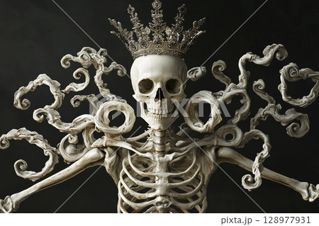 Skeletal figure with crown-like skull poses with spiral arm decorations amidst a dark backdrop showcasing intricate details Skeletal figure with crown-like skull poses with spiral arm decorations amidst a dark backdrop showcasing intricate details 128977931