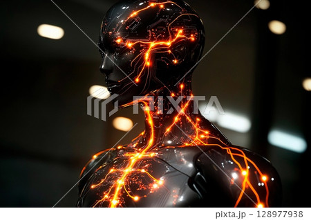 Humanoid robot showcases glowing circuits in a futuristic environment 128977938