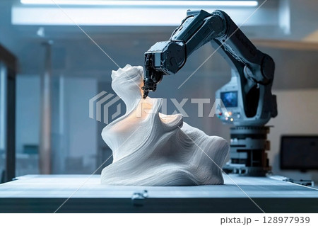 Robotic arm crafts intricate digital sculpture in real-time at an art studio 128977939