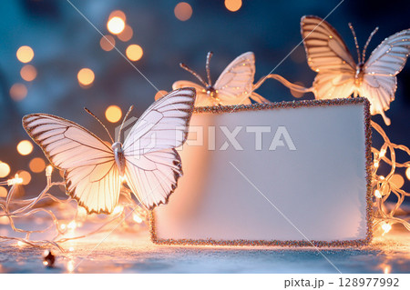 Delicate butterfly ornaments with glitter-dusted wings and glowing decorations create a whimsical atmosphere 128977992