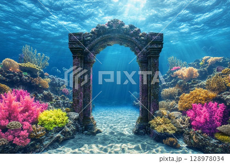 Magical underwater gate emerges from the ocean floor surrounded by ancient ruins and marine life 128978034