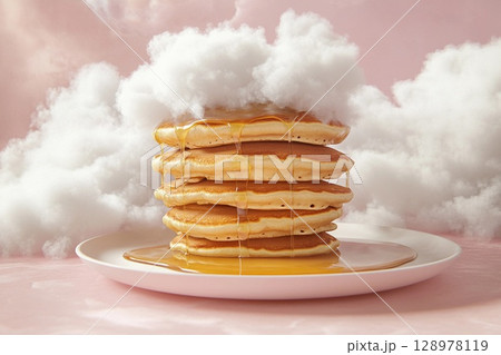 Pancake tower reaches the clouds with golden syrup cascading down its fluffy layers 128978119