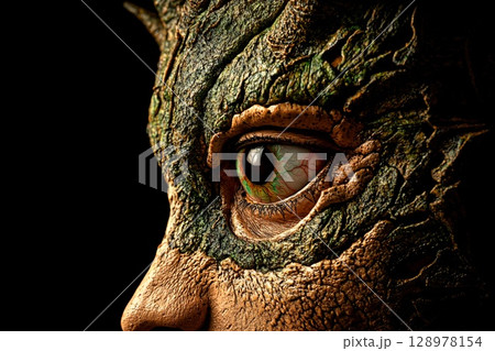 Creature with human eyes and animal features in a mystical forest during twilight 128978154