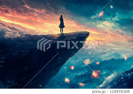 Dreamer gazes into the horizon from cliff, contemplating memories in a surreal landscape 128978166