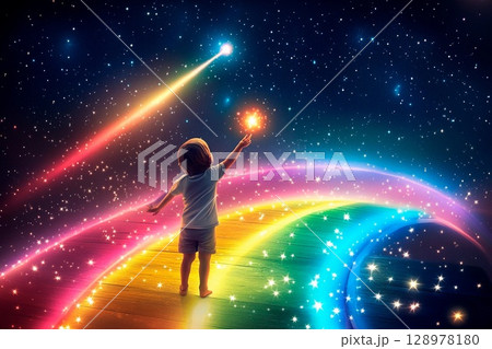 Child reaches for a glowing shooting star over a vibrant rainbow pathway under a starry night sky Child reaches for a glowing shooting star over a vibrant rainbow pathway under a starry night sky 128978180