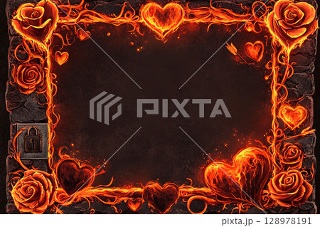 Volcanic ember frame with molten hearts creating a fiery romantic atmosphere for special events Volcanic ember frame with molten hearts creating a fiery romantic atmosphere for special events 128978191