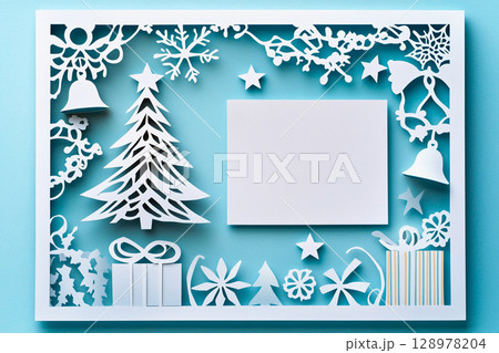 Decorative paper cutout square frame with festive figures for holiday celebrations Decorative paper cutout square frame with festive figures for holiday celebrations 128978204