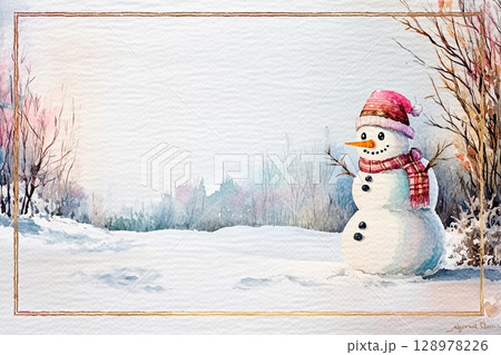 Snowman levitating in a snowy landscape with a red scarf and cheerful expression 128978226