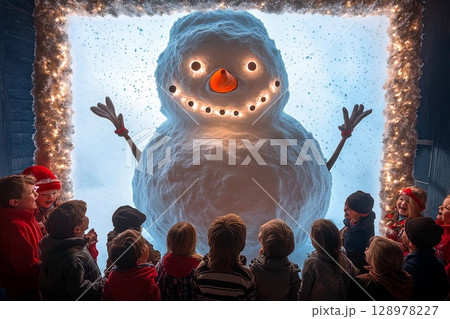 Children gather around a giant snowman during a festive winter celebration in a snowy landscape 128978227