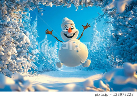 Cartoon snowman with exaggerated features joyfully hopping in a snowy winter landscape 128978228
