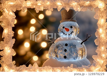 Beautiful glass and ice snowman illuminated by soft lights in a winter wonderland setting 128978229