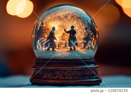 Antique snow globe radiates an eerie glow while showcasing a festive winter scene 128978230