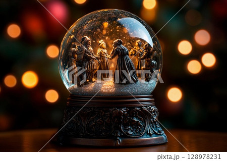 Antique snow globe radiates an eerie glow while showcasing a festive winter scene 128978231
