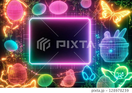 Colorful neon radiance square frame surrounded by festive elements for spring celebrations in a vibrant setting 128978239