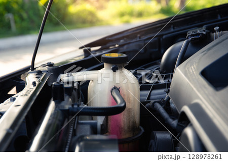Coolant fluid and bottle in engine bay suit for concept of auto service check. 128978261