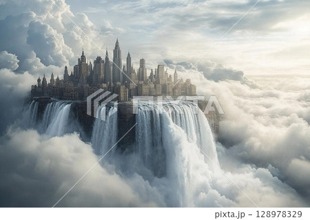 City of clouds with majestic waterfalls cascading into the abyss under a serene sky at twilight 128978329