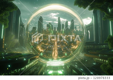 Futuristic city enclosed in a glowing sphere with reflections of skyscrapers and sunset over urban landscape 128978333