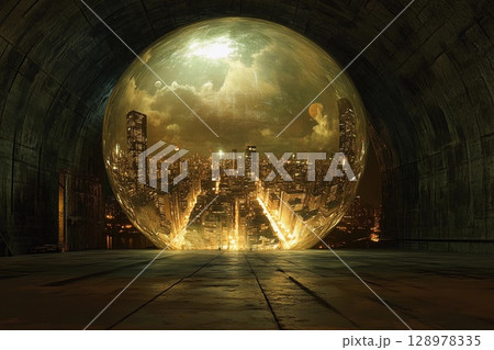 Futuristic city enclosed in a glowing sphere with reflections of skyscrapers and sunset over urban landscape 128978335