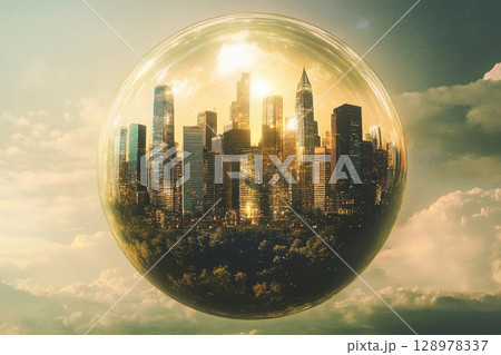 Futuristic city enclosed in a glowing sphere with reflections of skyscrapers and sunset over urban landscape 128978337
