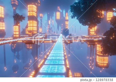 Floating city with geometric design illuminated at dusk above a tranquil landscape 128978338