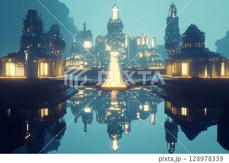 Floating city with geometric design illuminated at dusk above a tranquil landscape 128978339