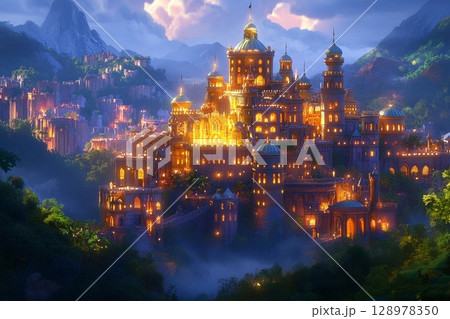Castle with brightly shining walls stands cheerfully against a backdrop of majestic mountains and clear blue skies 128978350