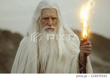 Old magician with long white hair holding a glowing staff in a mystical landscape during twilight hours 128978382