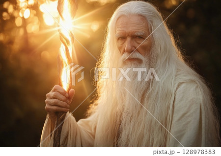 Old magician with long white hair holding a glowing staff in a mystical landscape during twilight hours 128978383
